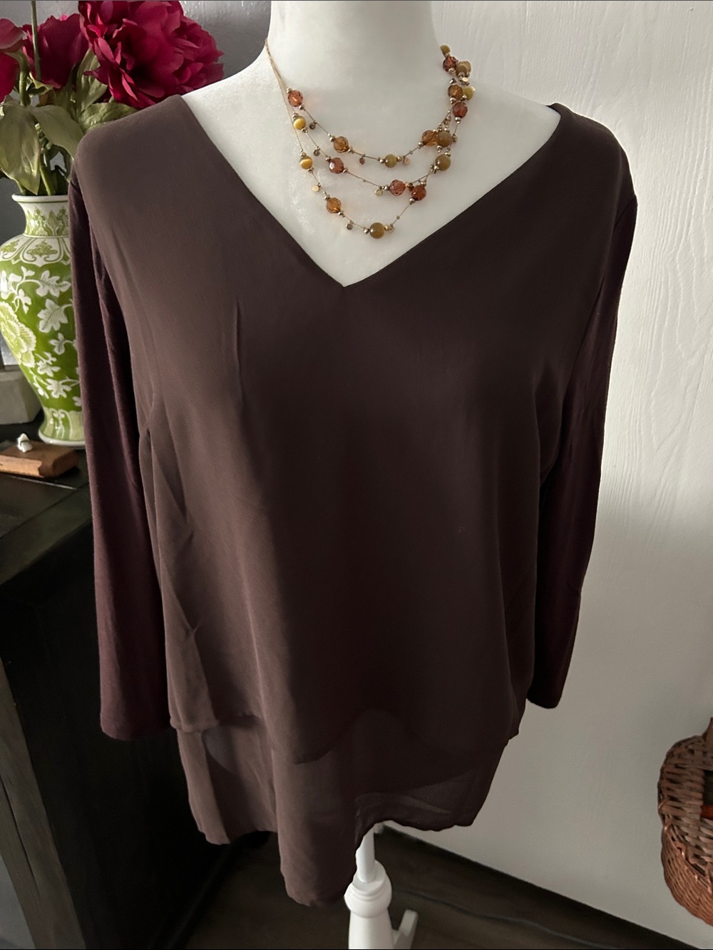 MICHAEL Michael Kors V-Neck Long Sleeve Top in Chocolate Brown